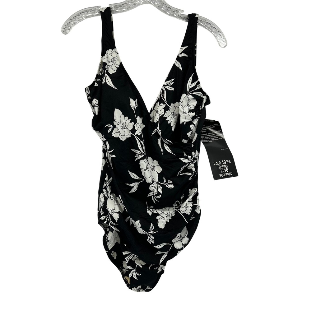 Miraclesuit Womens Floral One Piece Swimsuit Black White Ruched Tummy Control 16